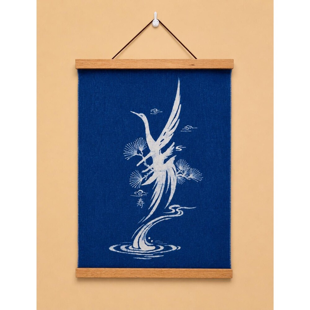 Nüshu Longevity Wall Art, Handmade Indigo Batik, Pine & Crane Textile, Chinese